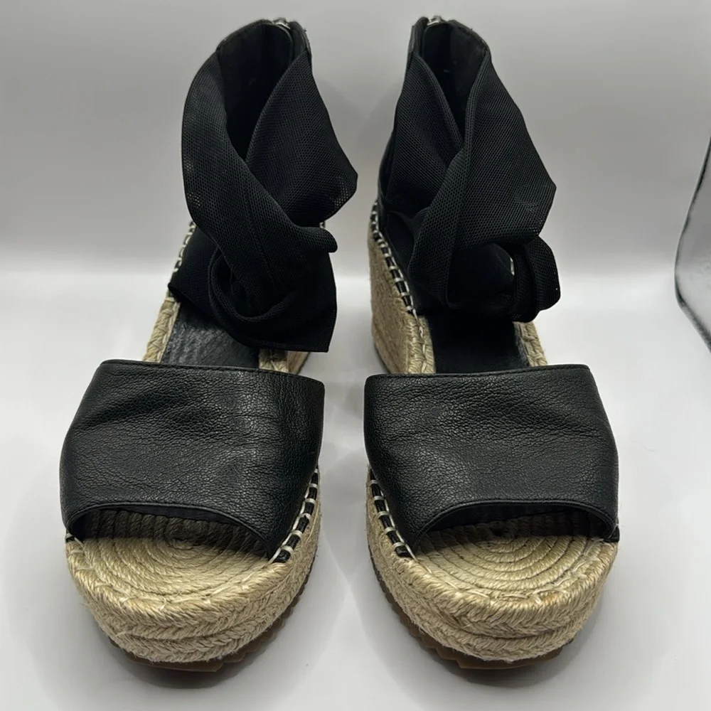 NWOB Eileen Fisher Wiley Black Leather Espadrille Wedge Sandals Size 7